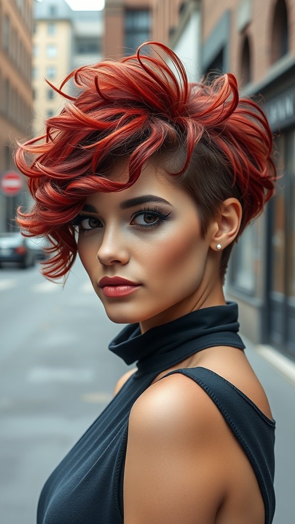 A woman with an asymmetric curly pixie cut in vibrant red, standing on a city street.