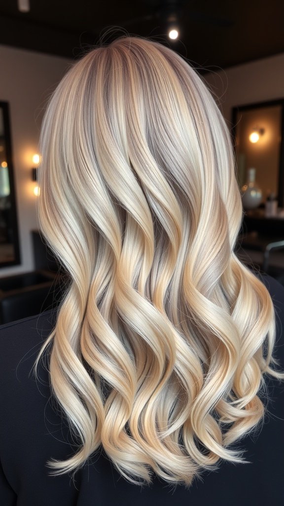 Blonde balayage hairstyle with lavender lowlights, styled in soft waves.