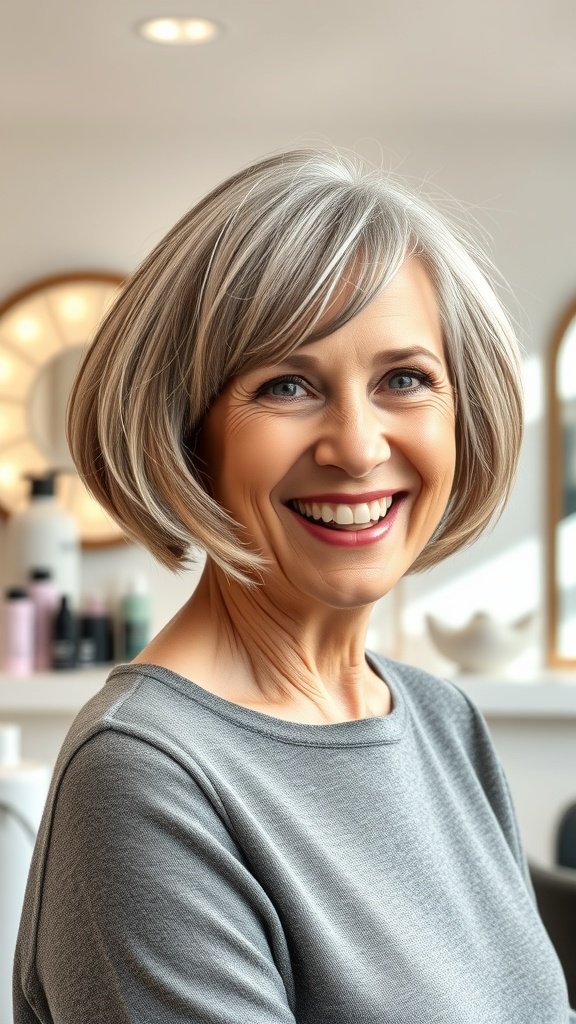 A woman with a bob haircut featuring outward flips, smiling in a salon setting.