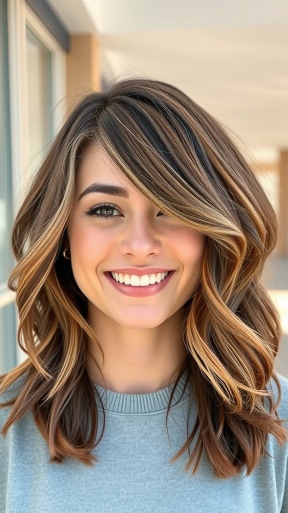 A woman with a medium bob hairstyle featuring a zigzag part and soft waves, smiling brightly.