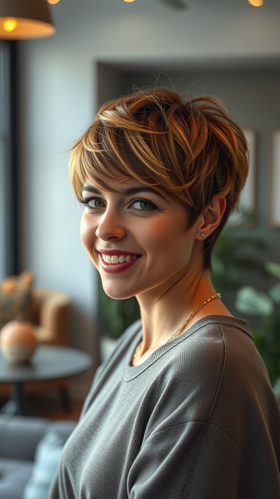 A woman with a brown pixie cut featuring caramel highlights, smiling in a cozy indoor setting.