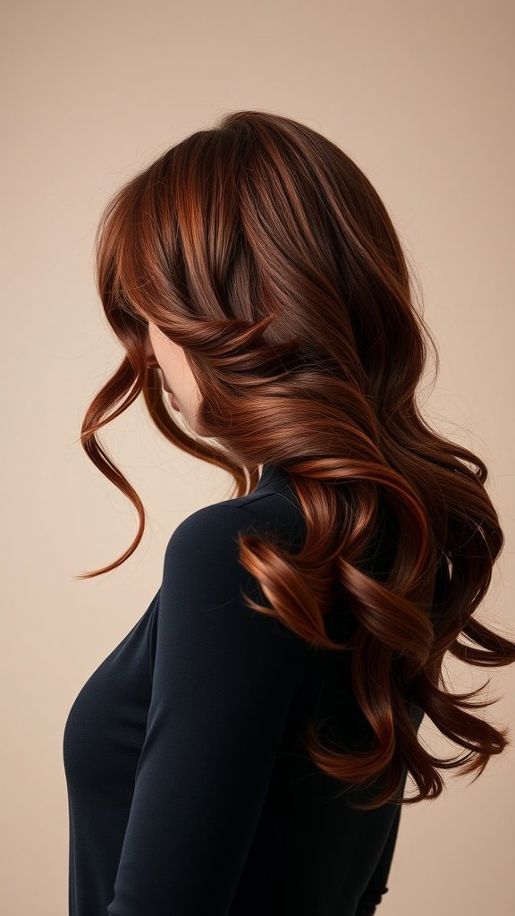 A woman with caramelized dark red wavy hair styled elegantly.
