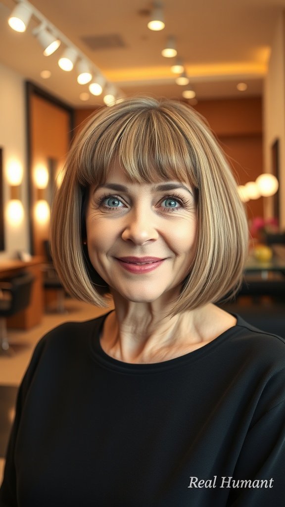 A woman with a chin-length bob and blunt bangs, smiling in a salon setting.