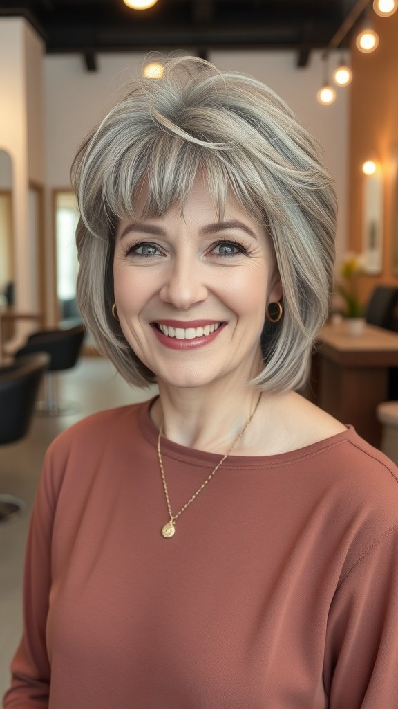 A woman with a choppy lob hairstyle and textured bangs, smiling in a salon setting.