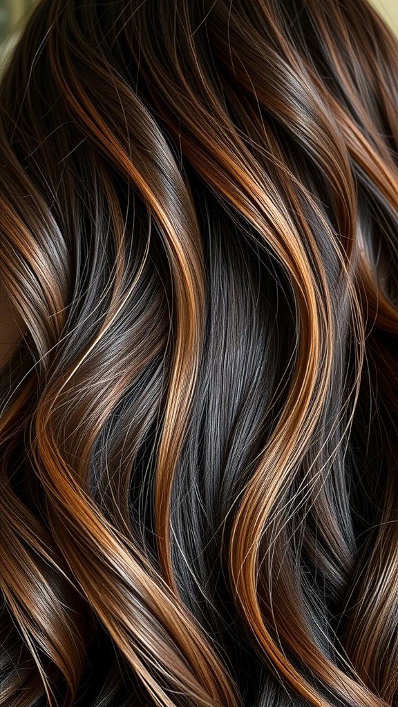 Dark brown hair with warm cinnamon highlights styled in soft waves