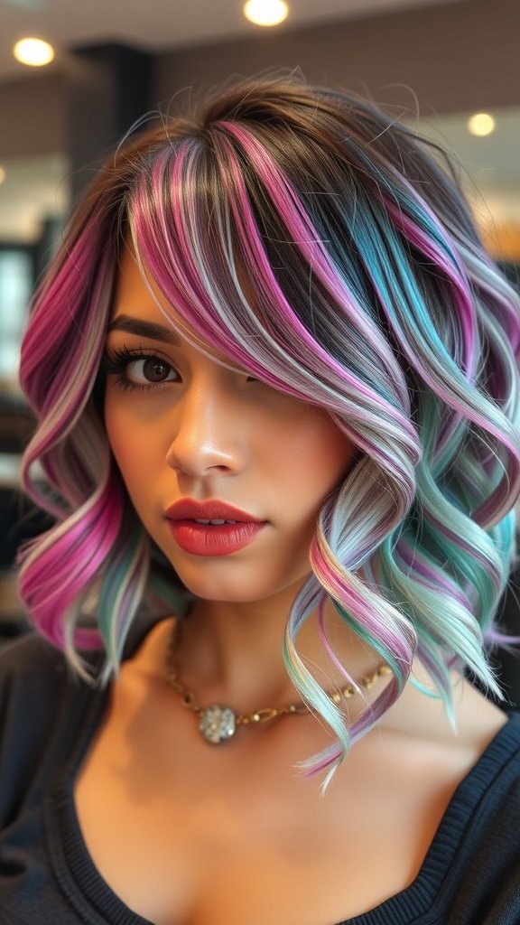 A woman with a curly bob hairstyle featuring peek-a-boo highlights in pink and blue.