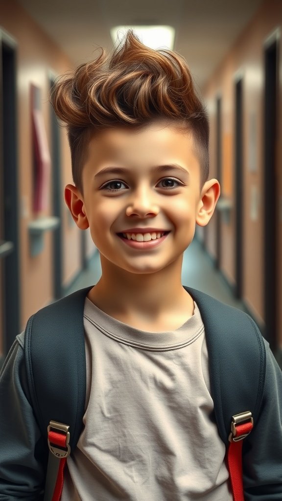 A young boy with a curly faux hawk hairstyle, smiling in a school hallway, wearing a backpack.
