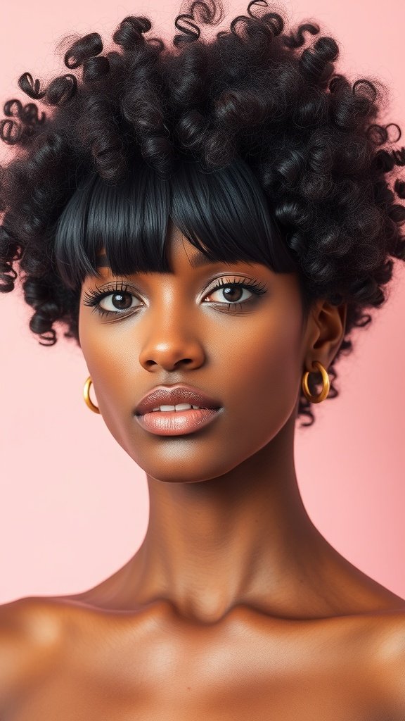 A person with an afro hairstyle featuring curtain bangs, showcasing a stylish and vibrant look.
