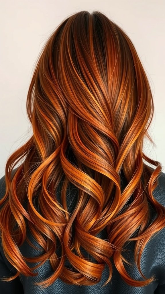A hairstyle featuring deep copper tones with flowing waves and curls.