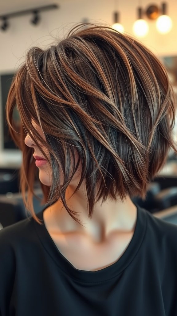 A disheveled layered shag haircut with raw edges, showcasing soft, tousled layers and subtle highlights.