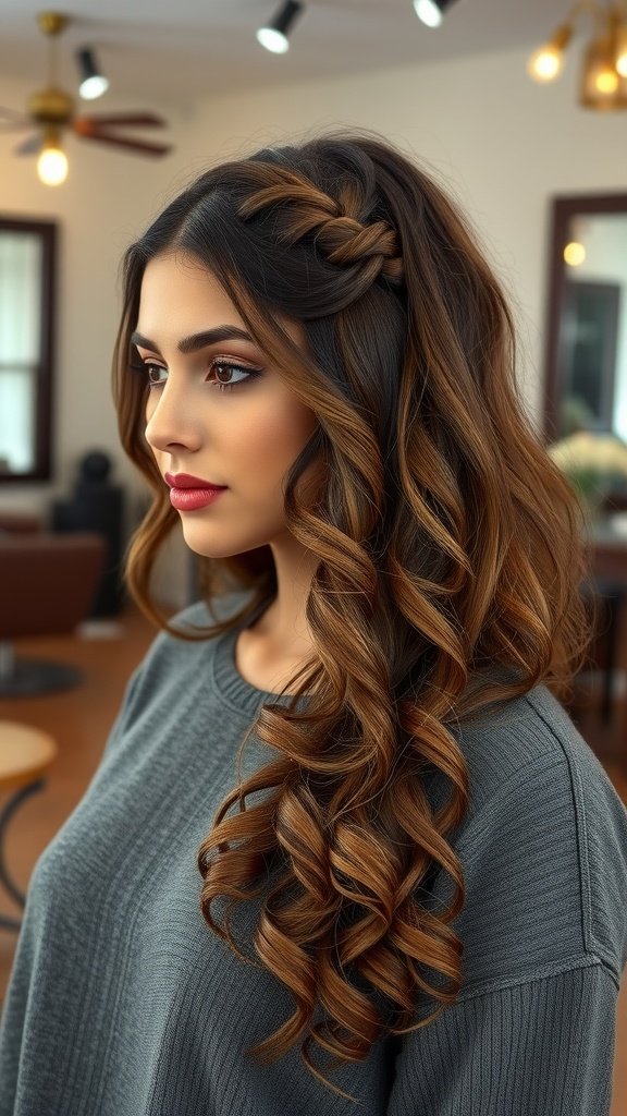 A woman with shoulder-length curly hair styled in double French braids with loose curls.