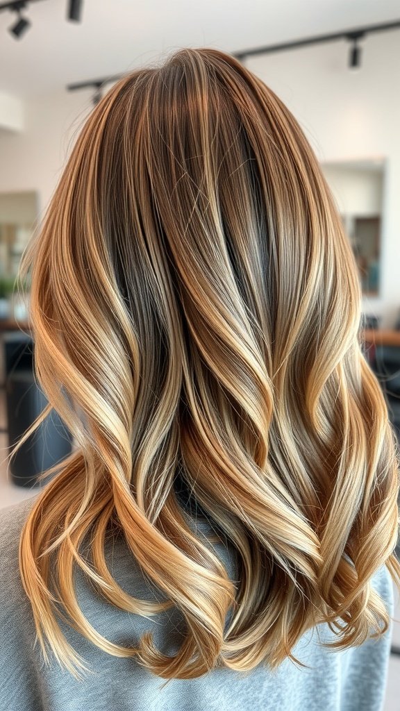 A close-up view of light brown hair with frosted rose gold highlights, styled in soft waves.