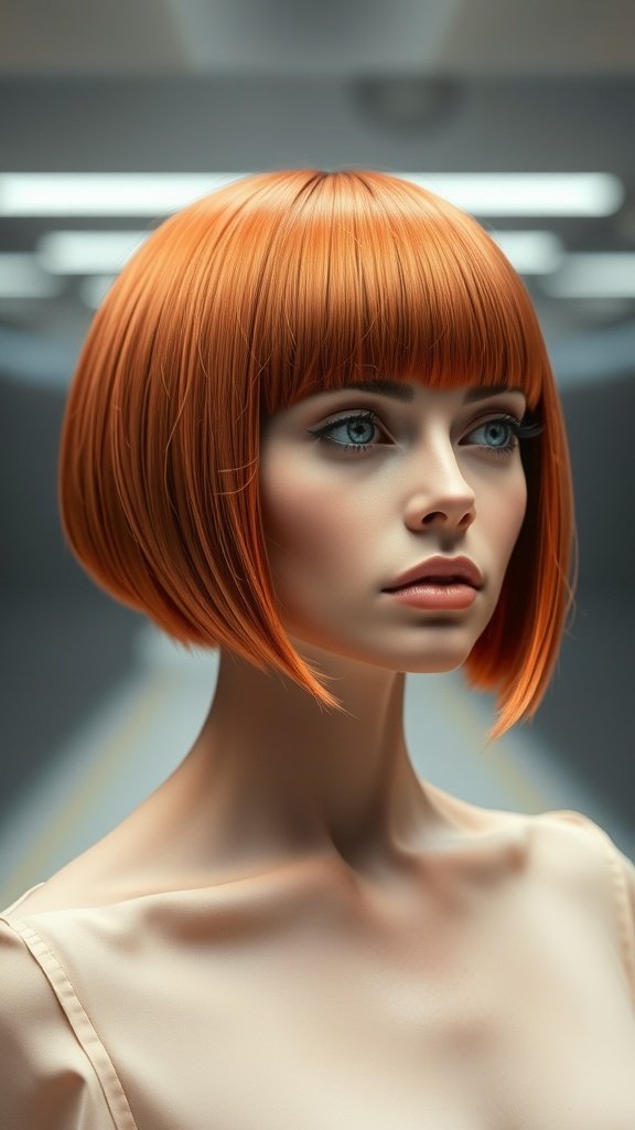 A model with a futuristic metallic copper bob hairstyle, featuring sleek lines and a vibrant color.