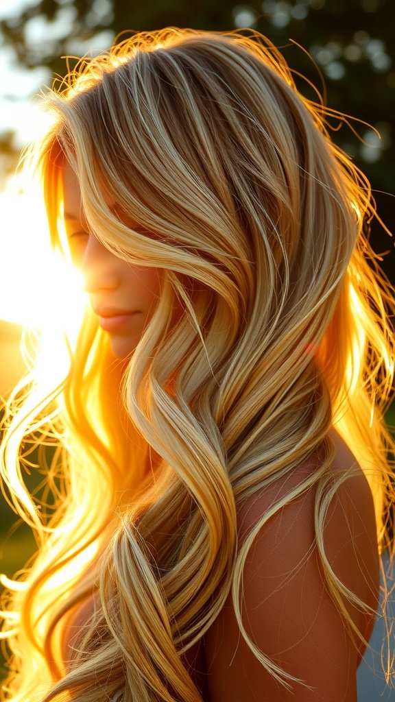 A woman with long, wavy blonde hair illuminated by the golden light of sunset.