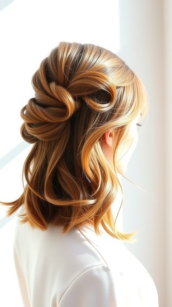A woman with medium hair styled in a Half-Up French Twist, showcasing soft waves.