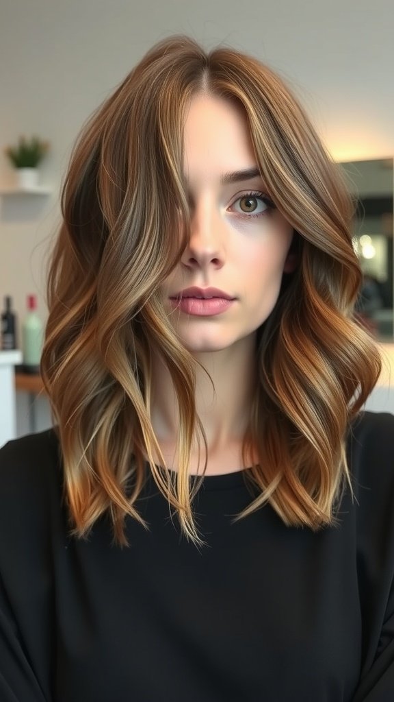 A woman with a layered lob haircut featuring subtle balayage, showcasing warm tones and soft waves.
