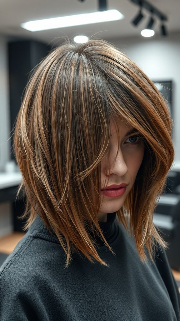 A woman with layered shag haircut featuring a dramatic side part, showcasing texture and movement.