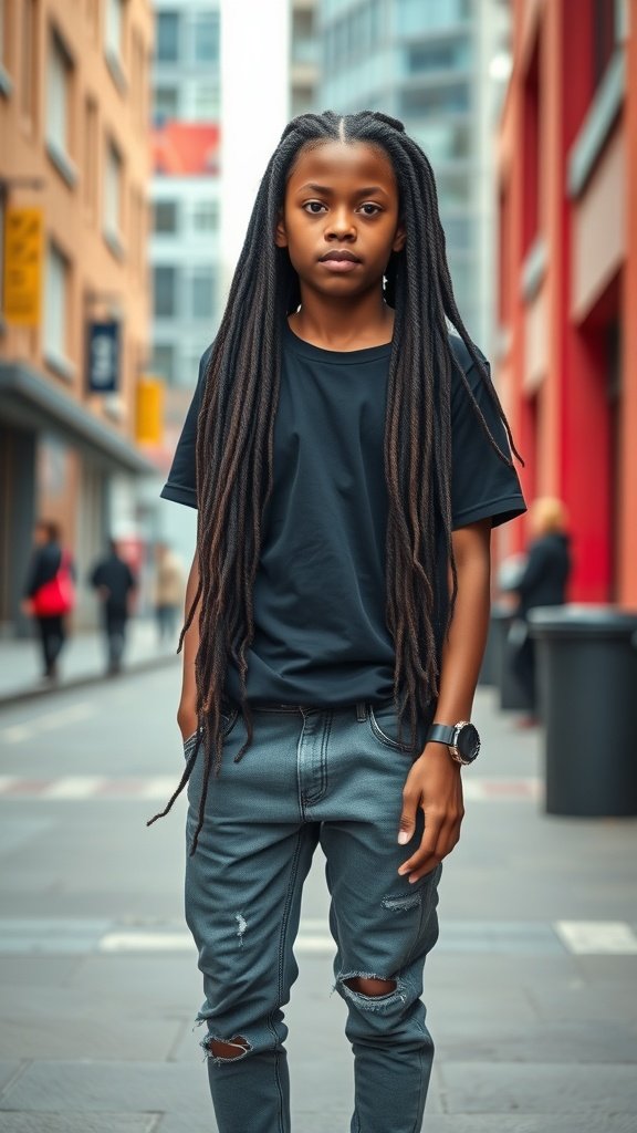 A young boy with long dreadlocks standing confidently in an urban setting.