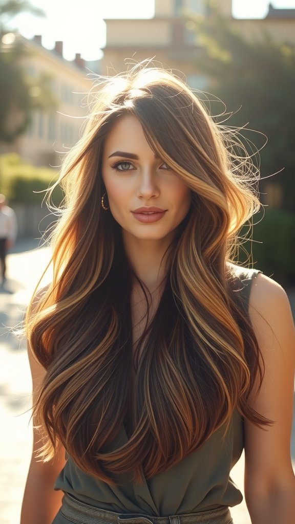 A woman with long hair featuring angled layers, showcasing vibrant colors and a stylish look.