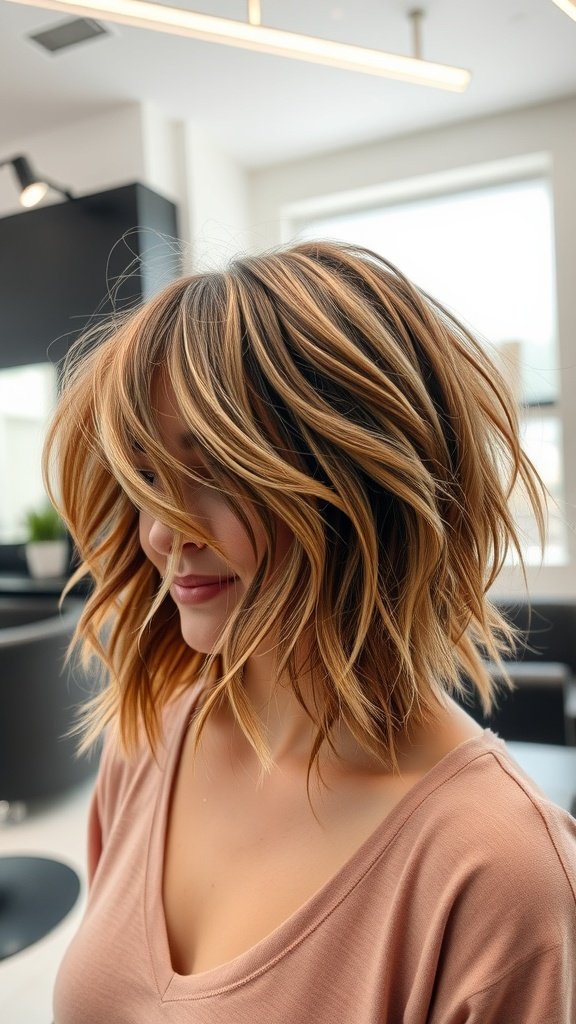 A woman with a messy shoulder-length chop hairstyle, featuring layers and soft waves.