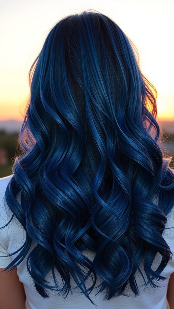 Midnight blue to cobalt ombre hair color with waves