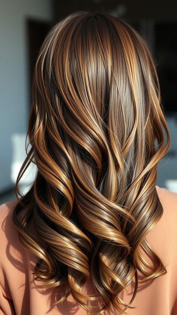 A back view of hair styled in mocha brown with soft layers and highlights.