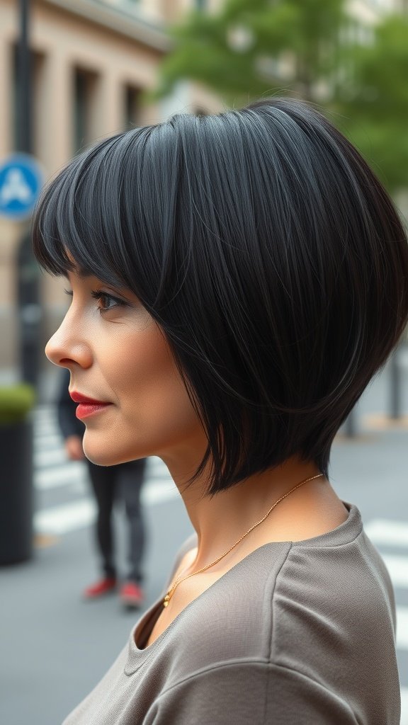 A woman with a modern bowl cut hairstyle, showcasing a sleek and polished look.