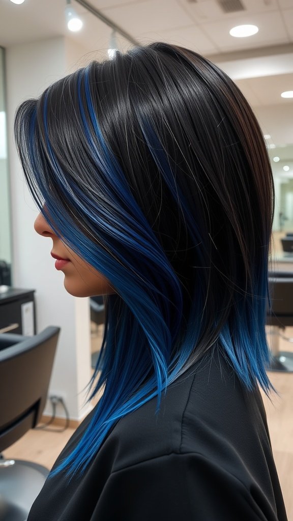 A stylish haircut featuring navy blue and cobalt blue money piece highlights.