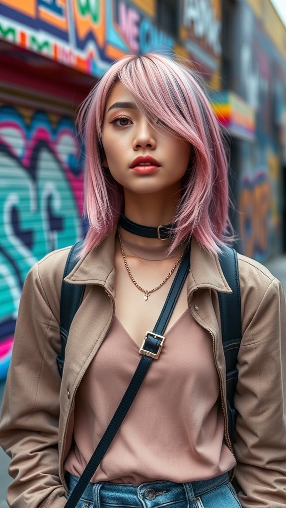 A young woman with petal pink side-swept bangs, wearing a beige jacket and standing in front of colorful street art.