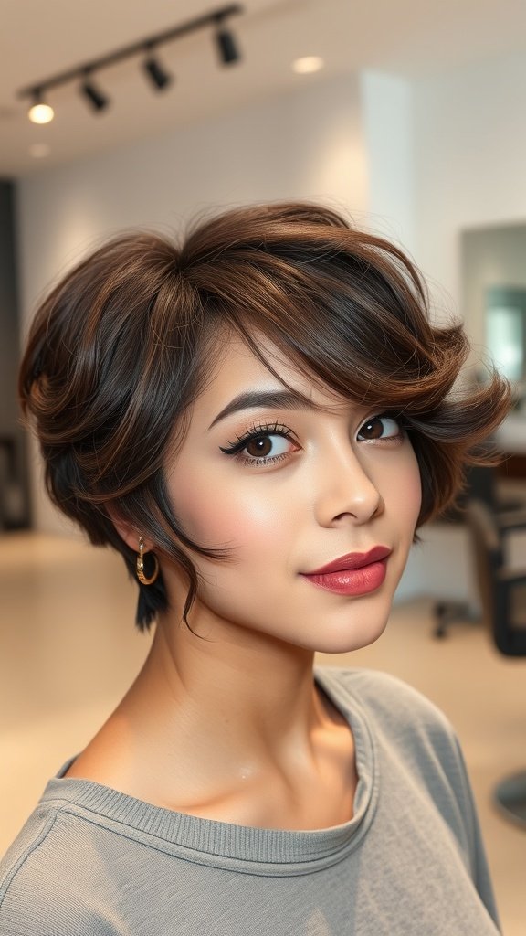 A woman with a pixie haircut featuring side-swept curly bangs, showcasing a stylish and textured look.