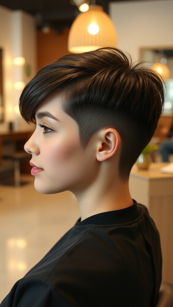 A woman with a pixie hairstyle featuring a slicked side parting, showcasing a modern and stylish look.