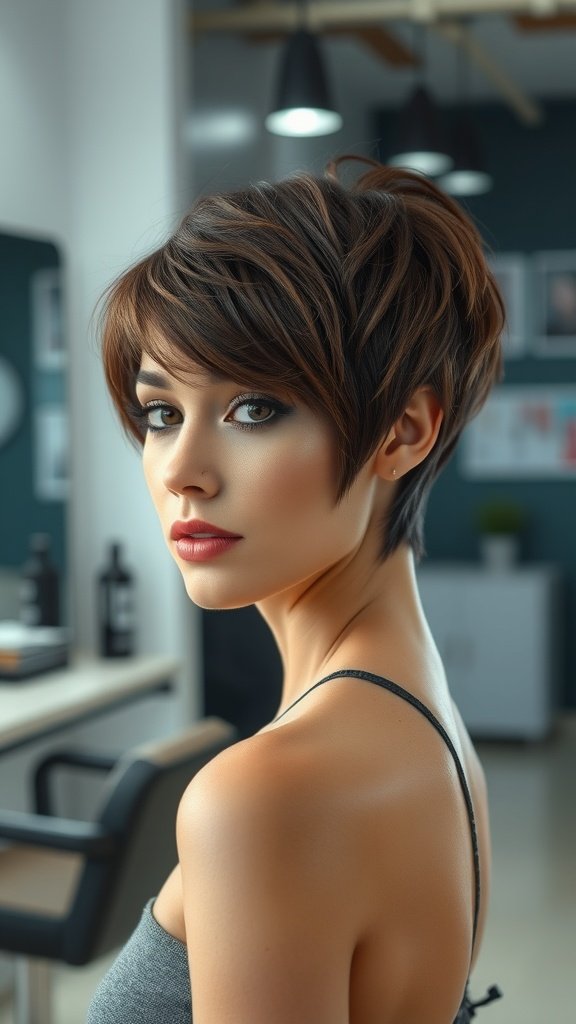 A woman with a razor cut shag hairstyle featuring feathered layers, showcasing volume and texture.