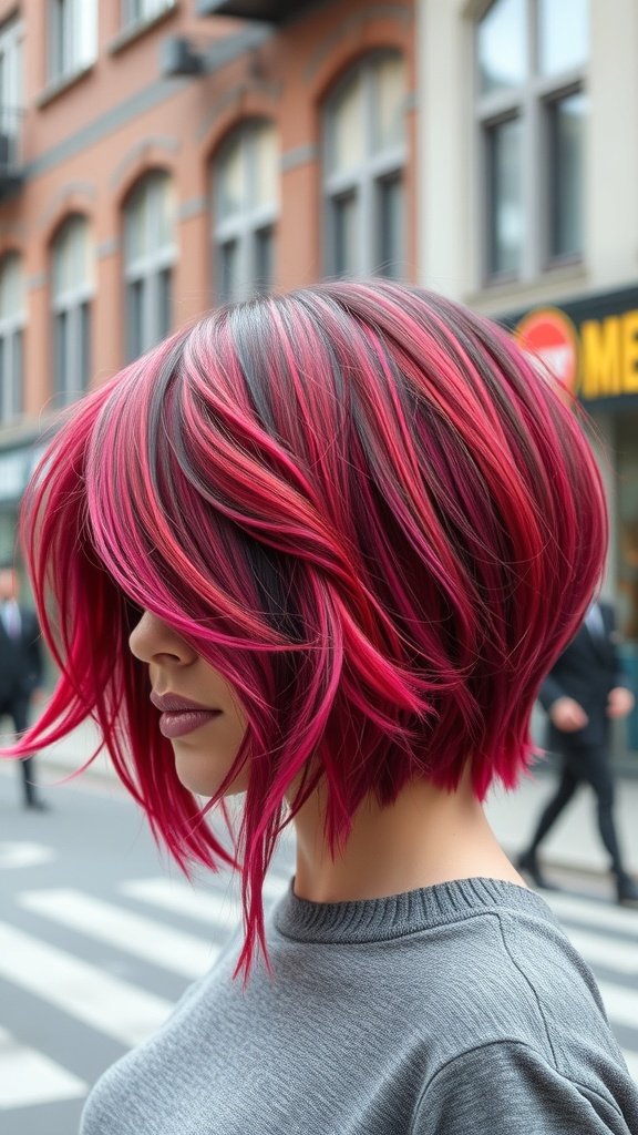 A woman with a rounded shag haircut featuring vibrant pink highlights, standing on a city street.