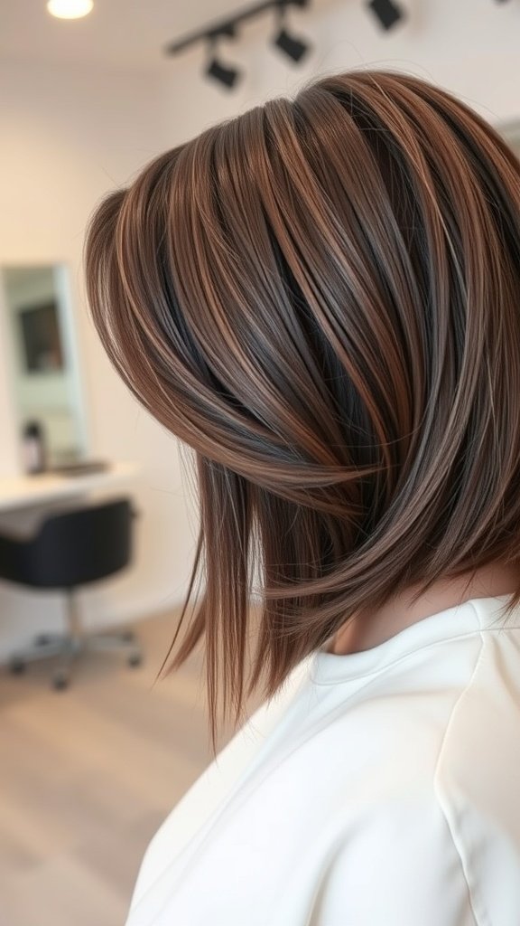 A close-up of a sculpted layered bob haircut showcasing rich color tones and movement.