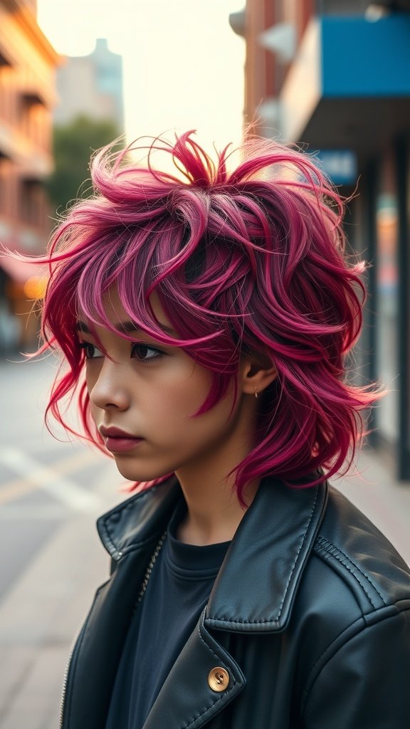 A person with a shaggy mullet hairstyle featuring defined curls and vibrant pink color, wearing a leather jacket.