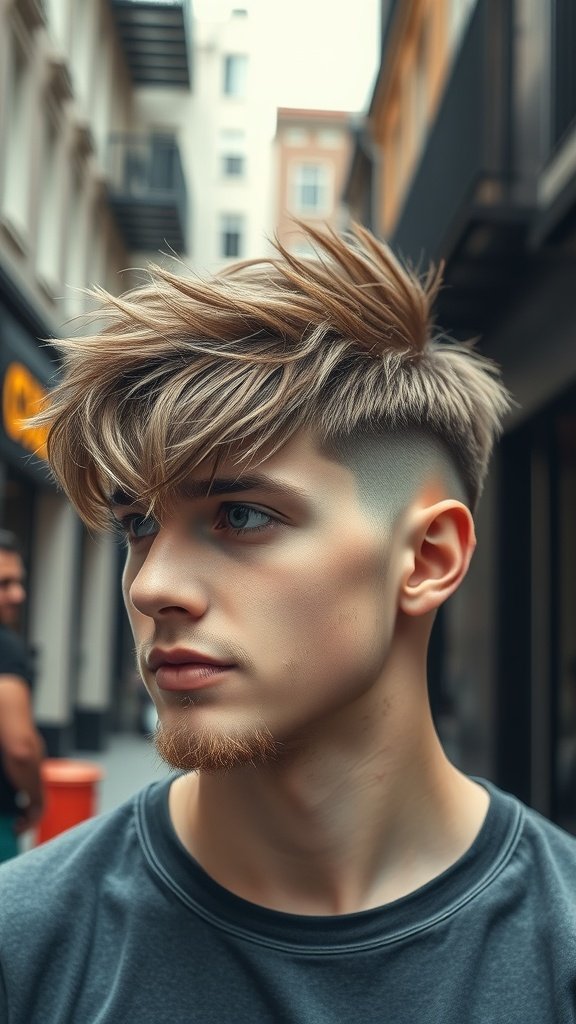 A young man with a shaggy undercut hairstyle featuring shaved sides, standing in an urban setting.