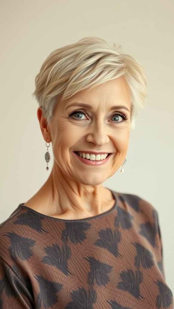 A woman over 70 with a short blonde pixie hairstyle and textured top, smiling and wearing earrings.