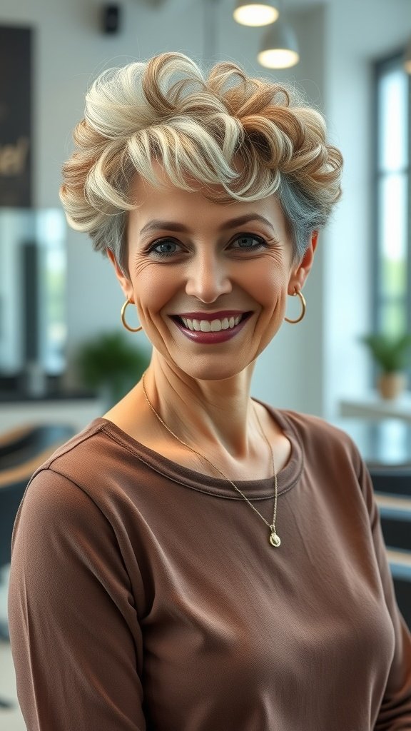 A woman with a short curly crop hairstyle featuring defined ringlets, smiling confidently.