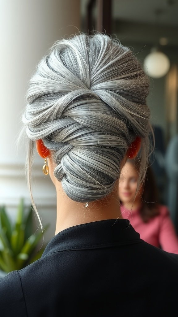 A stylish silver French twist hairstyle, showcasing elegant silver hair pinned up neatly.