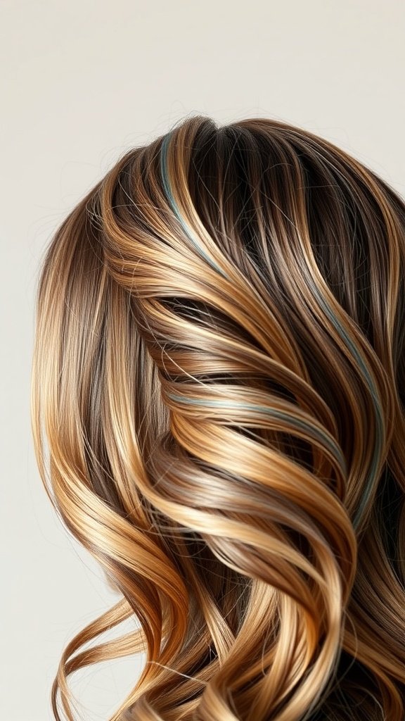 Light brown hair with sky blue highlights styled in soft waves