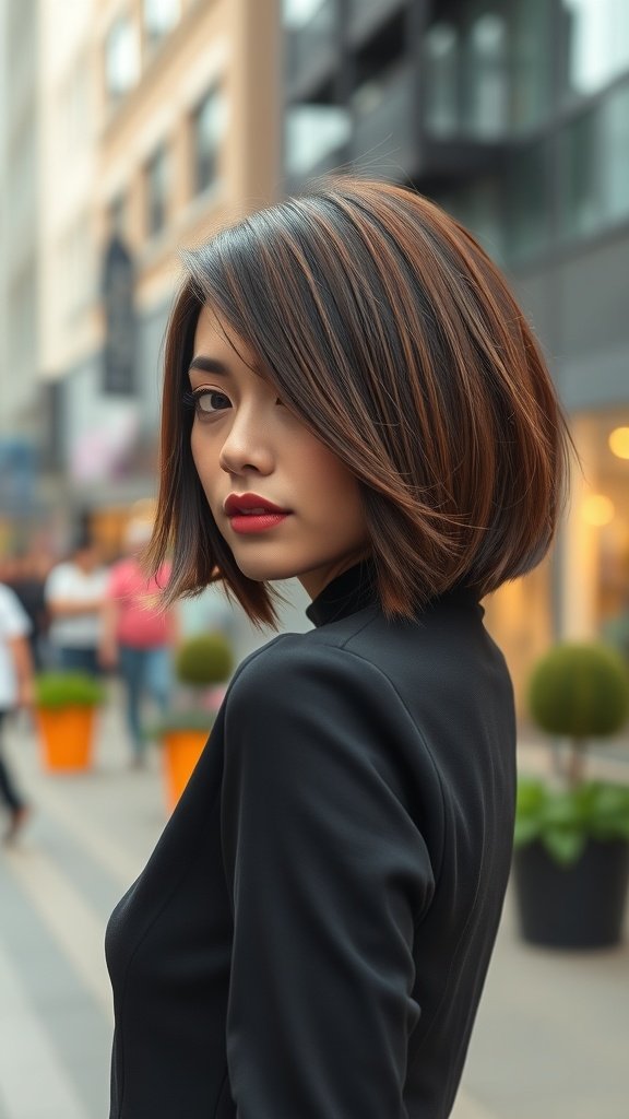 A woman with a sleek A-line bob hairstyle featuring subtle choppy layers, standing in an urban setting.