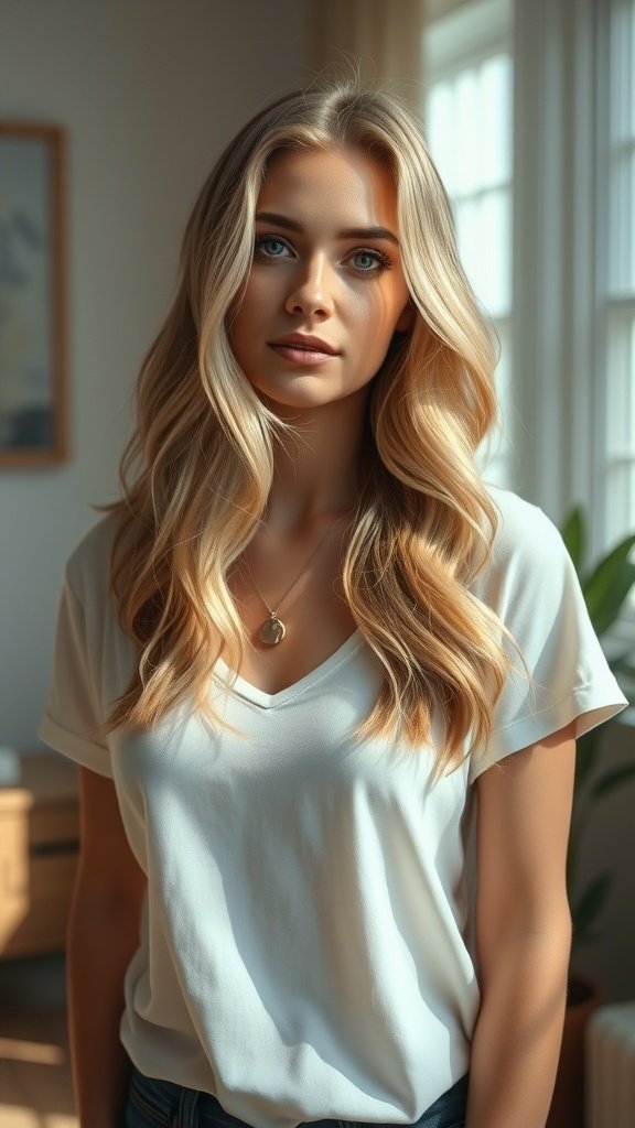 A woman with soft blonde waves and chestnut lowlights, wearing a white top, looking confidently at the camera.
