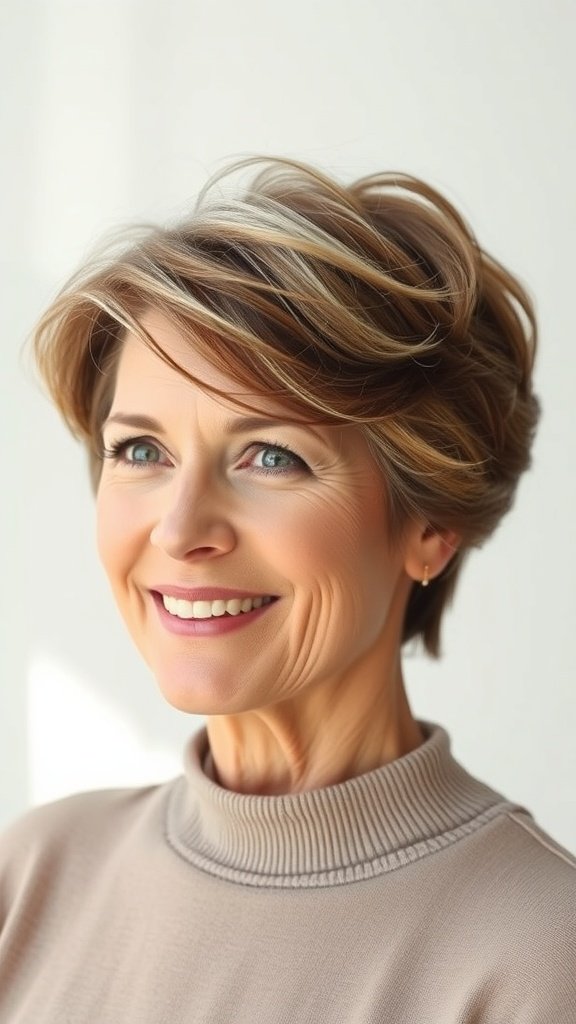 A woman with a softly layered pixie hairstyle, showcasing fine hair with subtle highlights.