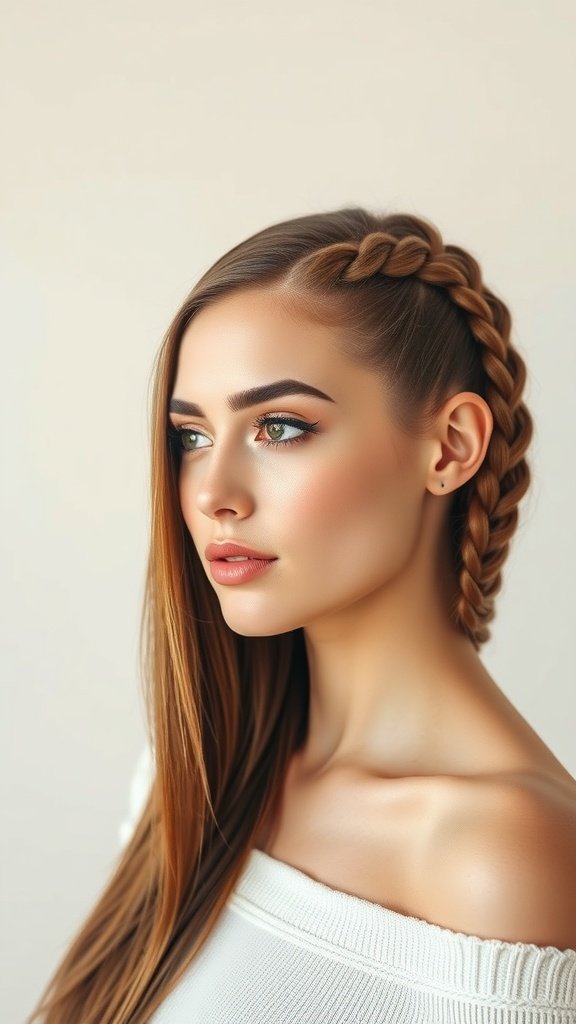 A woman with straight hair styled in a braided side part, showcasing a chic and elegant look.