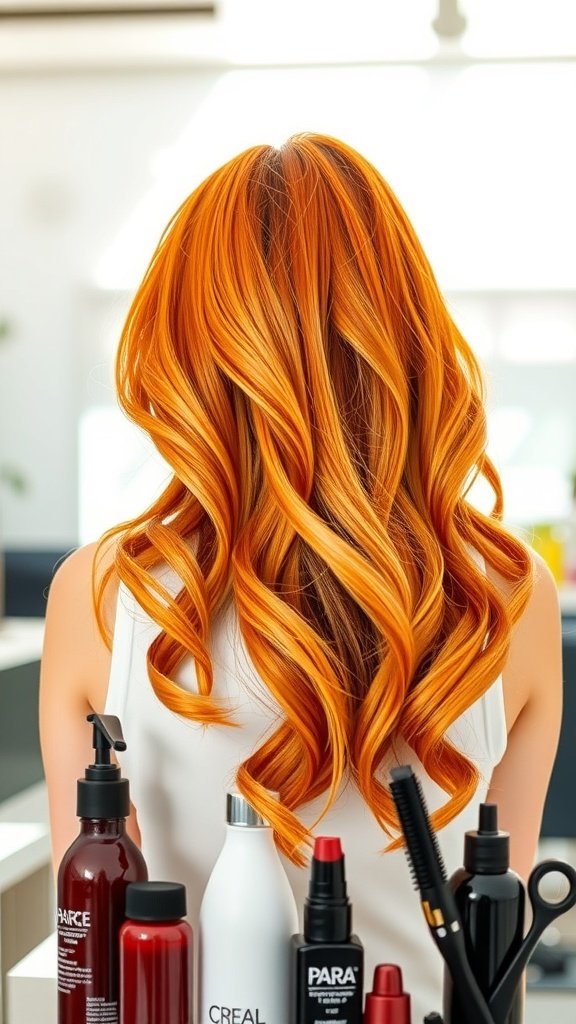 A woman with vibrant tangerine hair styled in soft waves, surrounded by hair care products.