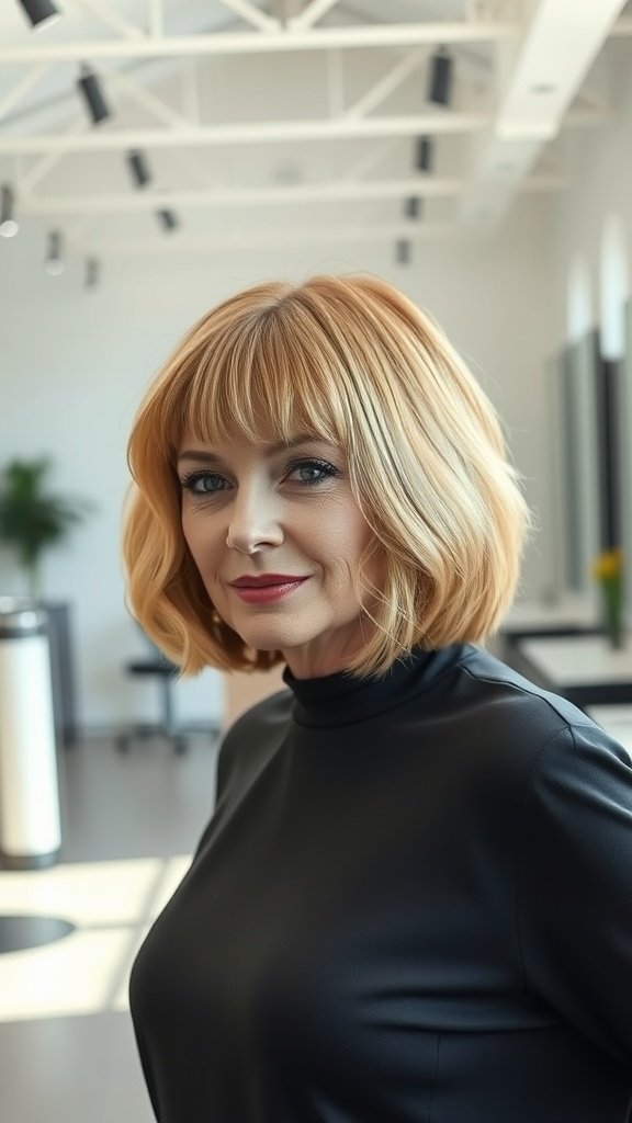 A woman with a tapered bob hairstyle and side-swept fringe, showcasing a modern and stylish look.