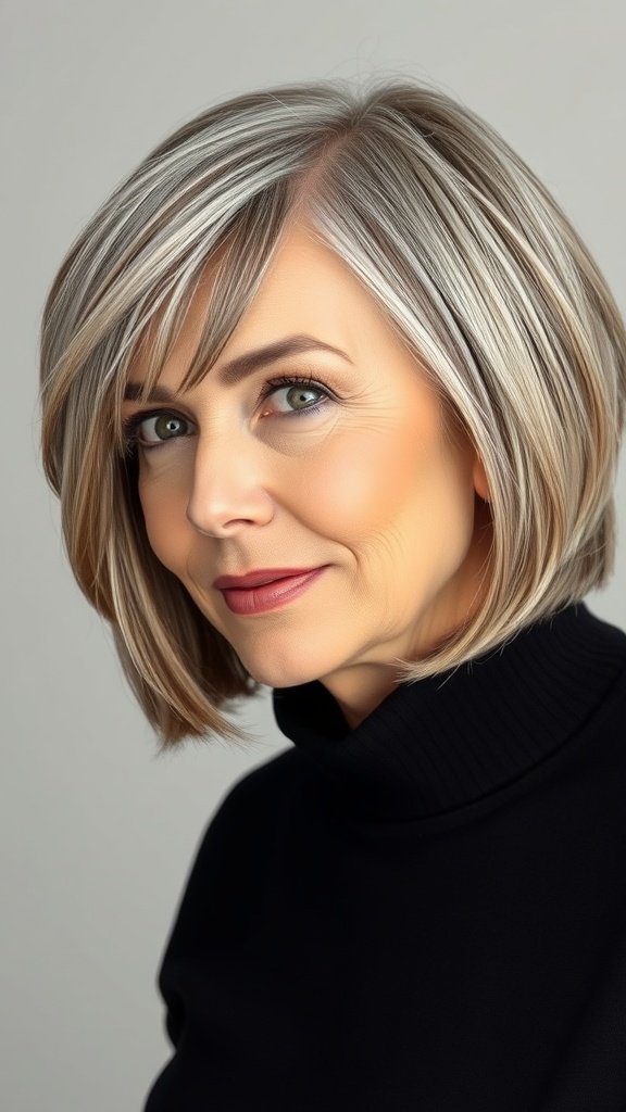 A woman with a textured bob hairstyle featuring subtle balayage highlights, wearing a black turtleneck.