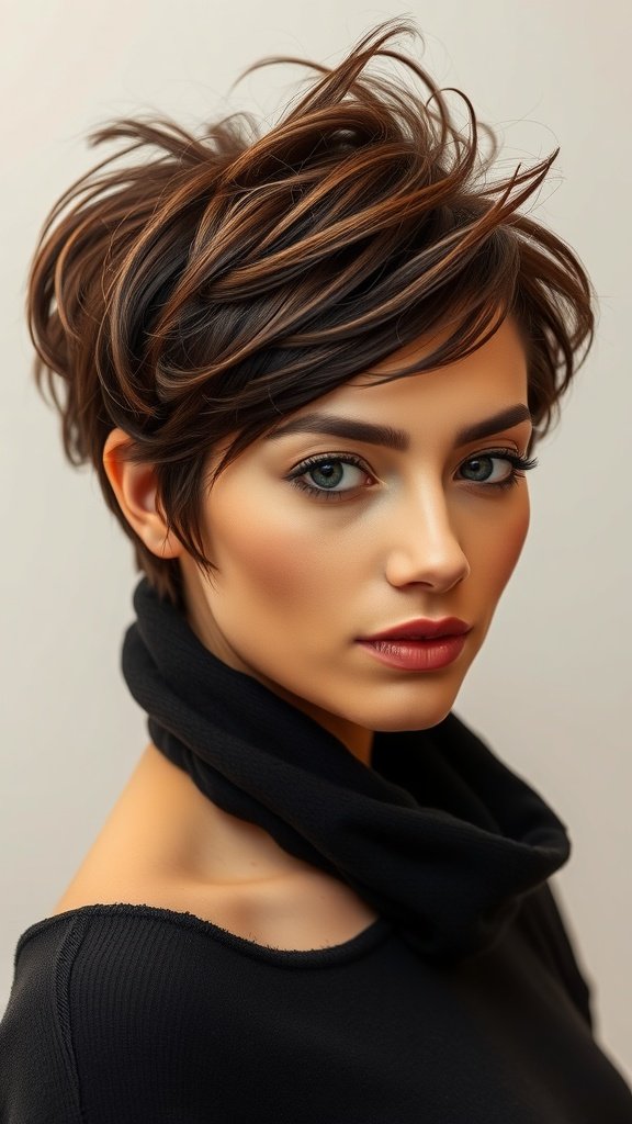 A woman with a textured mocha brown pixie haircut, featuring tousled layers and a warm color tone.