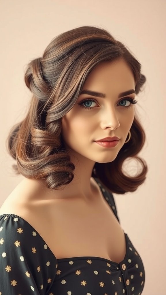 A woman with shoulder-length hair styled in timeless pinned curls, showcasing a vintage-inspired look.