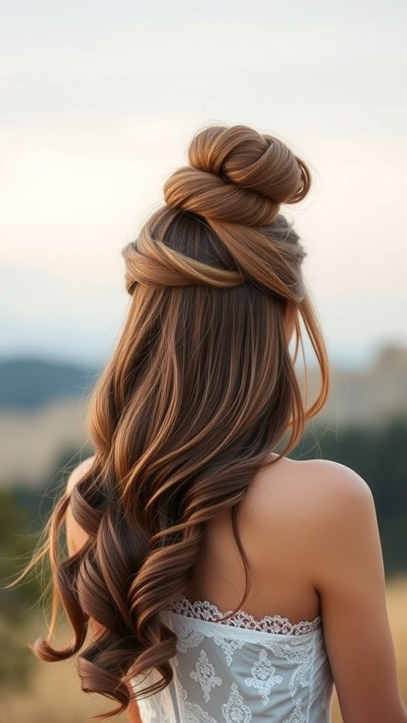 A woman with long, wavy hair styled in a top knot with a thick front piece, showcasing elegance and style.